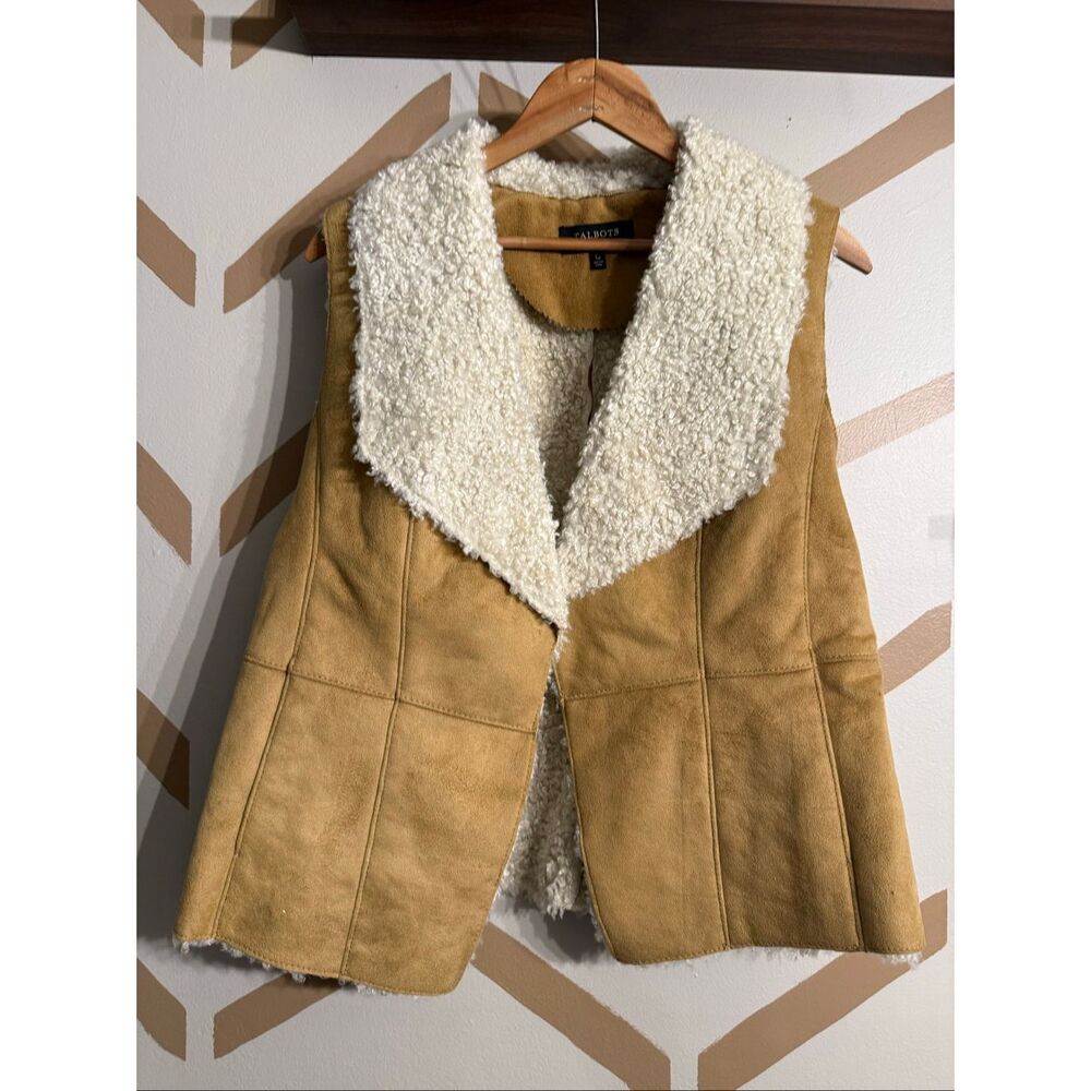Talbots Tan Cream Faux Suede Open‎ Front Fleece Sherpa Vest Size Large Petite